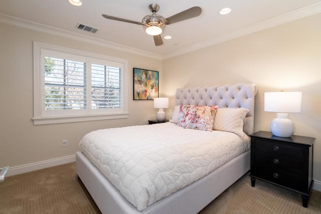 bedroom with ornamental molding, carpet flooring, and ceiling fan