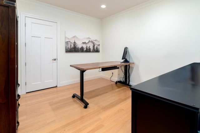 office area with crown molding and hardwood / wood-style floors