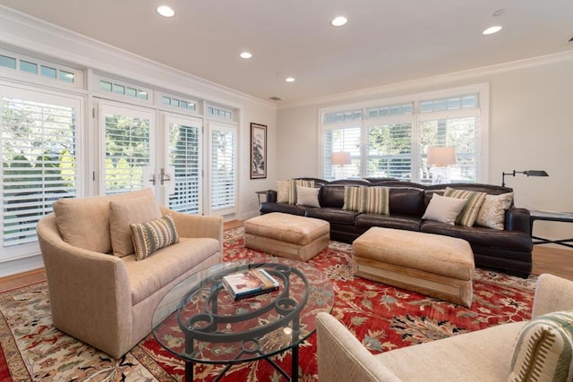 living room featuring crown molding, wood-type flooring, and french doors