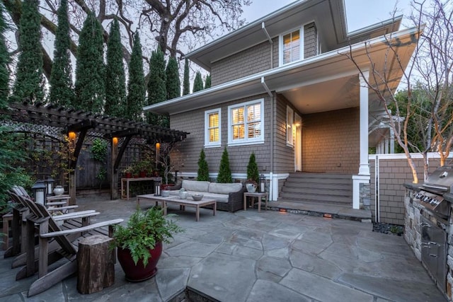 back of property featuring an outdoor living space, a pergola, and a patio