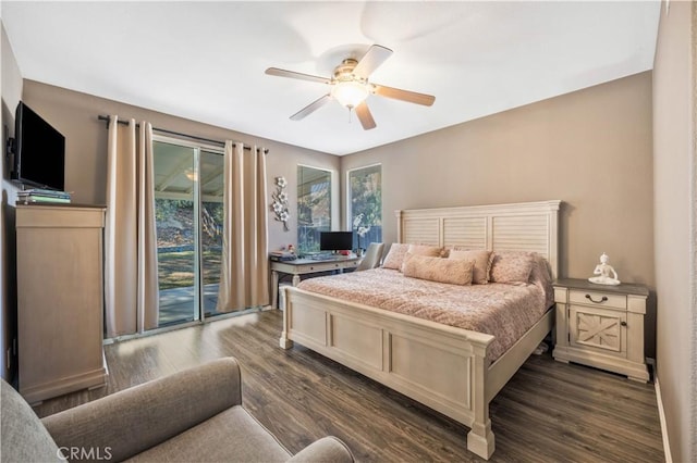 bedroom with ceiling fan, access to exterior, and dark hardwood / wood-style floors