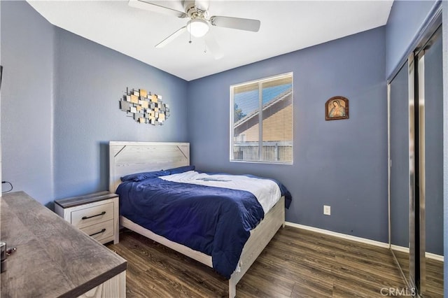 bedroom featuring ceiling fan, dark hardwood / wood-style flooring, and a closet