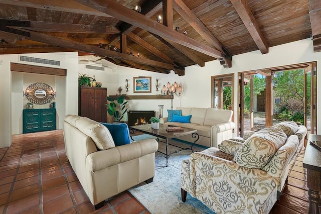 tiled living room with beamed ceiling, high vaulted ceiling, and wooden ceiling