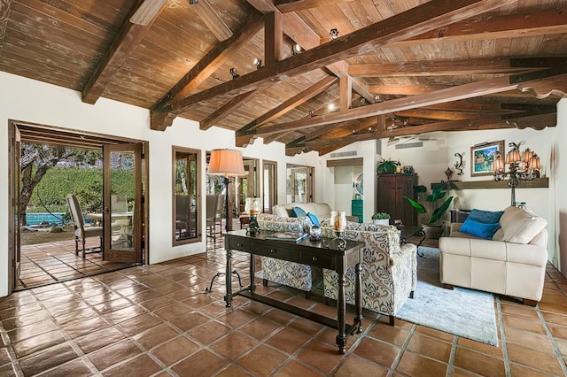 tiled living room with vaulted ceiling with beams and wood ceiling