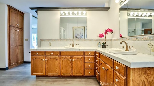 bathroom featuring a sink, decorative backsplash, wood finished floors, and double vanity