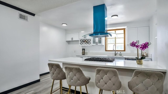 kitchen with visible vents, a breakfast bar, island exhaust hood, a sink, and light countertops