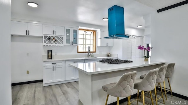 kitchen with white cabinetry, island exhaust hood, light wood finished floors, and a sink