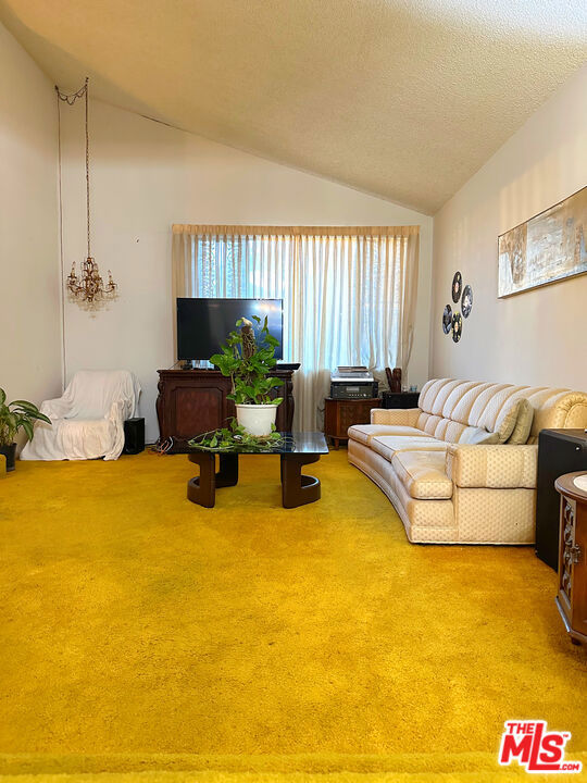 living room with carpet, a textured ceiling, and lofted ceiling