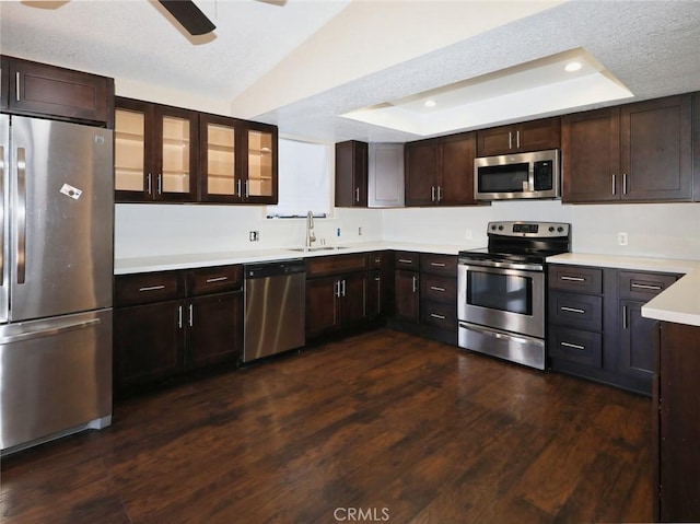 kitchen with stainless steel appliances, dark brown cabinets, a tray ceiling, and sink