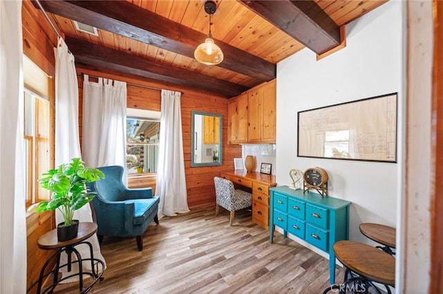 sitting room with beam ceiling, light wood-type flooring, wood ceiling, and wooden walls