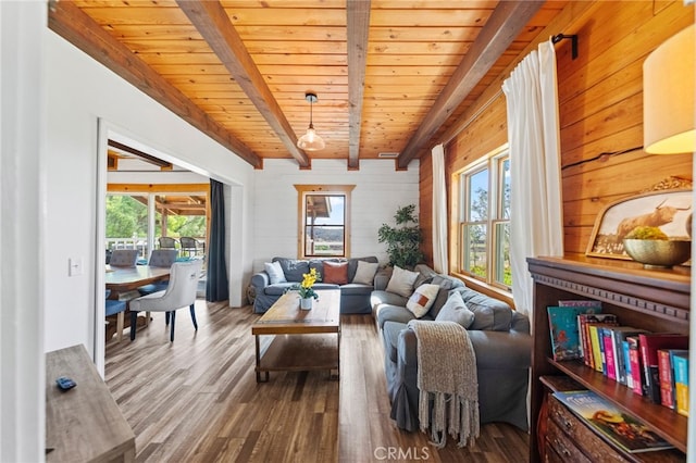 living room featuring wood ceiling, beamed ceiling, wooden walls, and hardwood / wood-style flooring