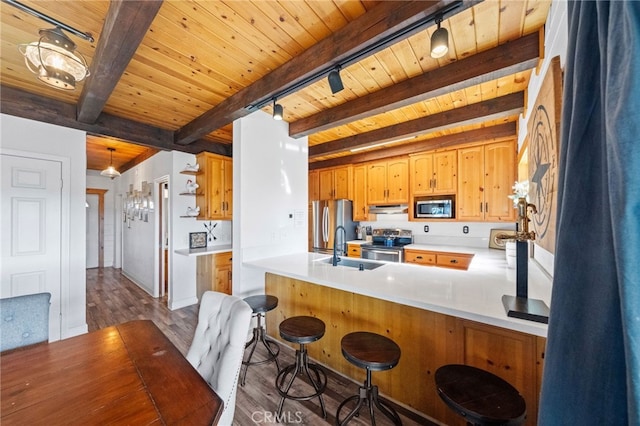 kitchen featuring kitchen peninsula, appliances with stainless steel finishes, beam ceiling, light hardwood / wood-style flooring, and sink