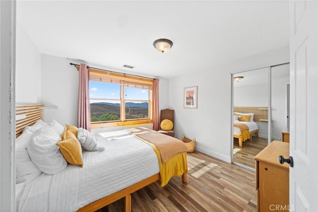 bedroom with light wood-type flooring, a closet, and a mountain view