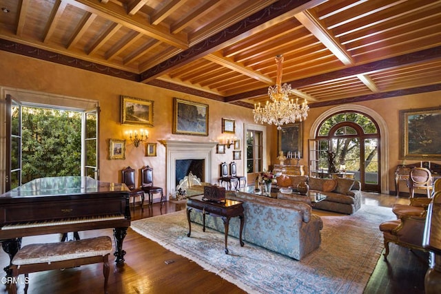 living room with an inviting chandelier, wood ceiling, beam ceiling, and wood-type flooring