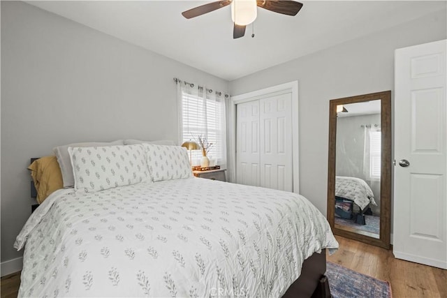 bedroom featuring ceiling fan, wood-type flooring, and a closet