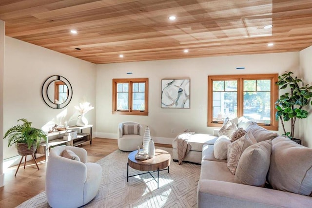 living room featuring wood ceiling and light hardwood / wood-style flooring