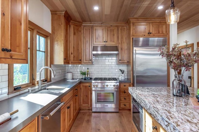 kitchen featuring hardwood / wood-style flooring, wooden ceiling, backsplash, high quality appliances, and sink