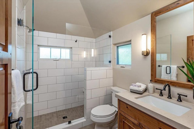 bathroom with a shower with door, plenty of natural light, toilet, and vanity