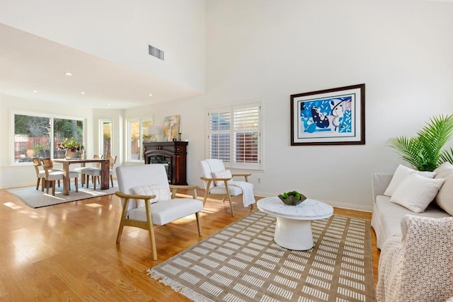 living room with a high ceiling and light hardwood / wood-style flooring