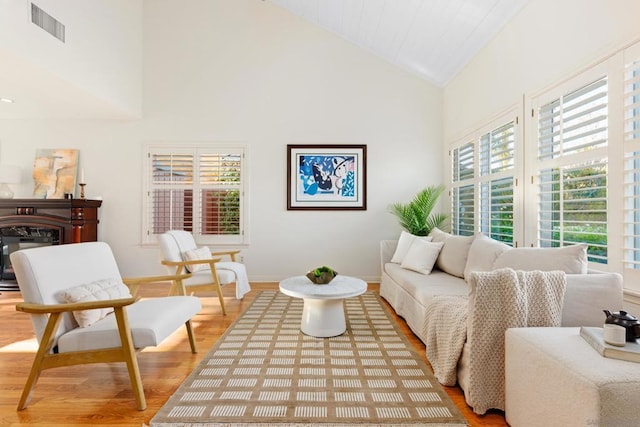 living room with high vaulted ceiling, wood-type flooring, and a fireplace