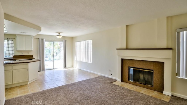 unfurnished living room with a textured ceiling and light colored carpet