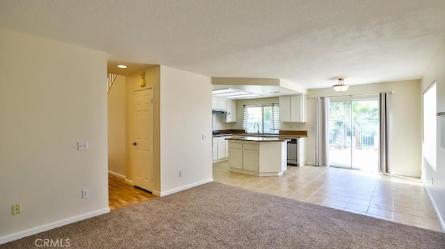 unfurnished living room with sink, light carpet, and a textured ceiling