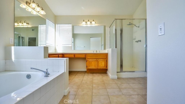 bathroom with tile patterned flooring, vanity, and plus walk in shower