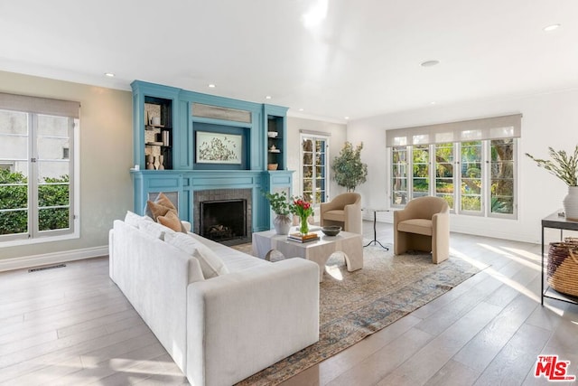 living room with a large fireplace and light hardwood / wood-style flooring