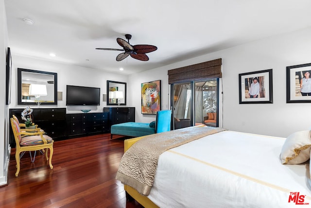 bedroom featuring ceiling fan and dark hardwood / wood-style floors