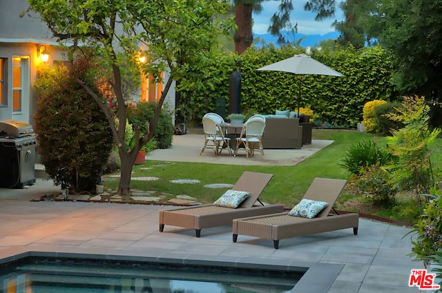 view of swimming pool featuring a yard, outdoor lounge area, a grill, and a patio