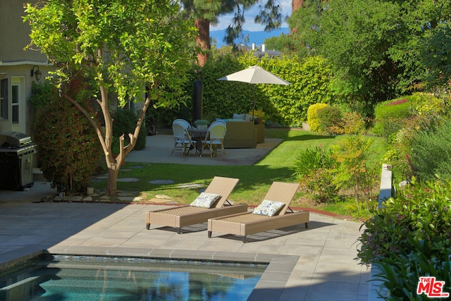 view of swimming pool featuring an outdoor hangout area, a yard, a patio area, and a grill