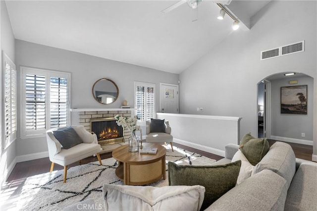 living room with lofted ceiling, dark wood-type flooring, and rail lighting