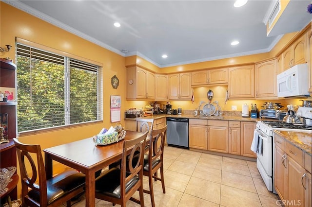 kitchen with light stone countertops, white appliances, light brown cabinetry, light tile patterned floors, and crown molding