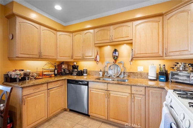 kitchen with stainless steel dishwasher, light brown cabinets, sink, ornamental molding, and light tile patterned floors