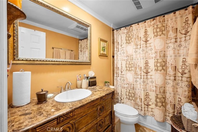 full bathroom featuring toilet, crown molding, vanity, and shower / tub combo with curtain