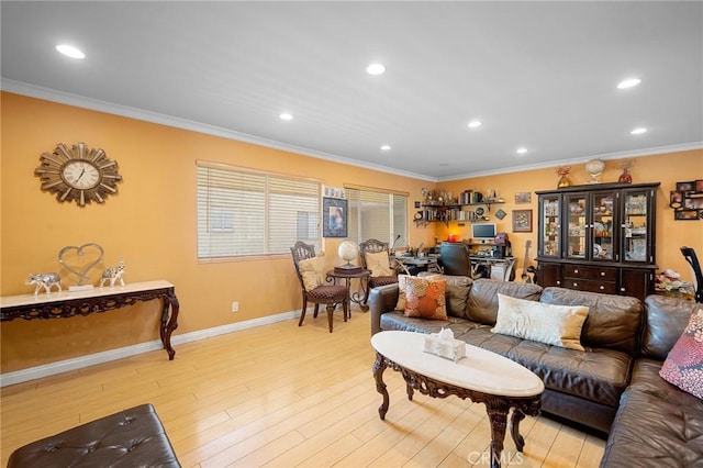 living room with light hardwood / wood-style flooring and crown molding