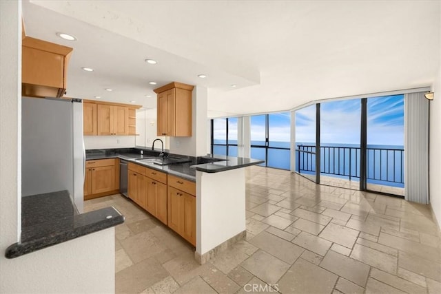 kitchen with appliances with stainless steel finishes, sink, dark stone counters, kitchen peninsula, and a water view