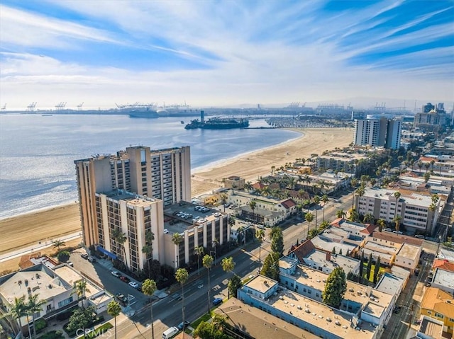 drone / aerial view featuring a water view and a view of the beach