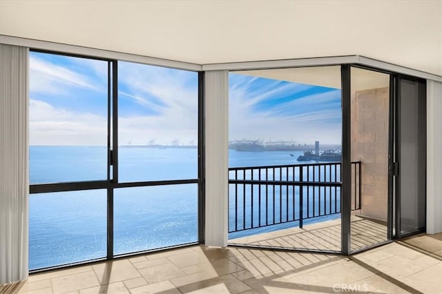 interior space featuring a water view