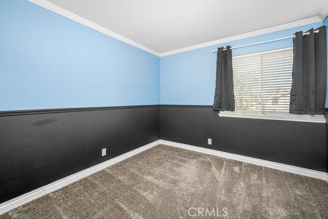 unfurnished room with crown molding and carpet flooring