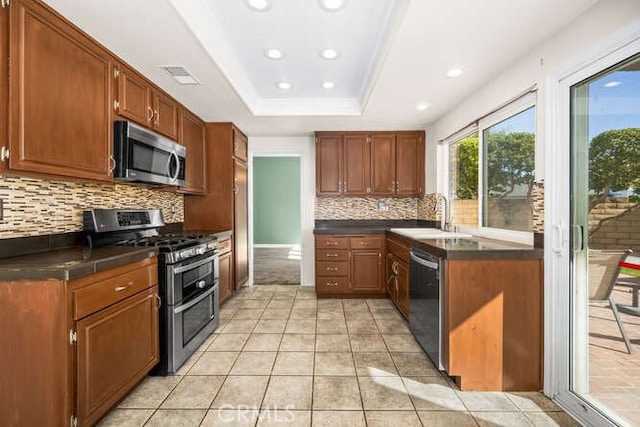 kitchen featuring decorative backsplash, sink, appliances with stainless steel finishes, and a raised ceiling