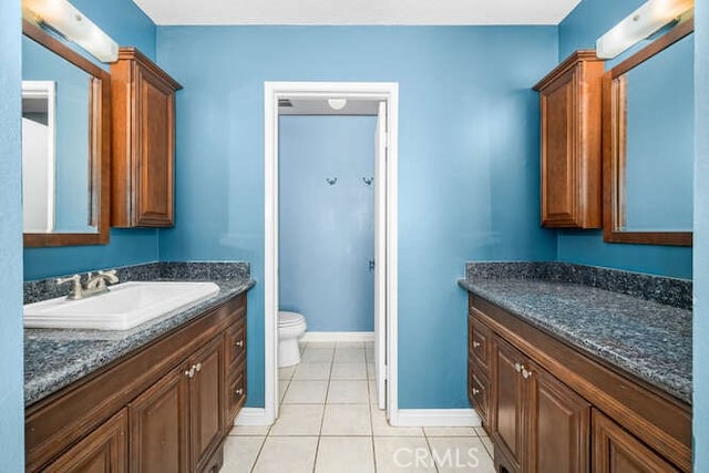 bathroom featuring toilet, tile patterned floors, and vanity