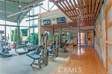 gym with french doors, hardwood / wood-style floors, expansive windows, and a towering ceiling