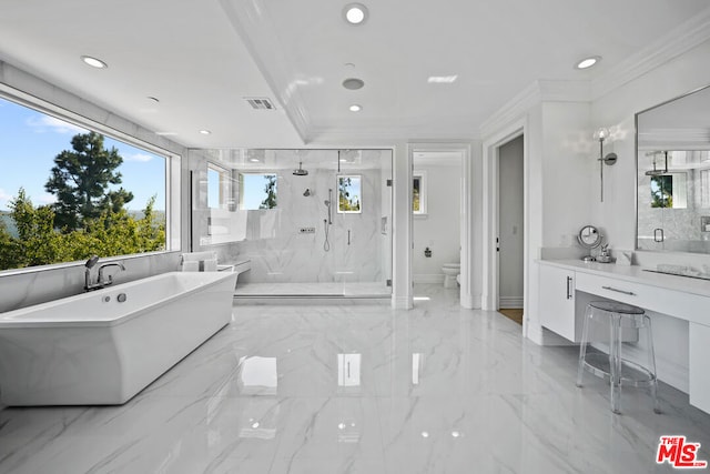 full bathroom with toilet, vanity, independent shower and bath, and crown molding