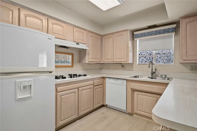 kitchen with sink, light hardwood / wood-style floors, light brown cabinets, and white appliances