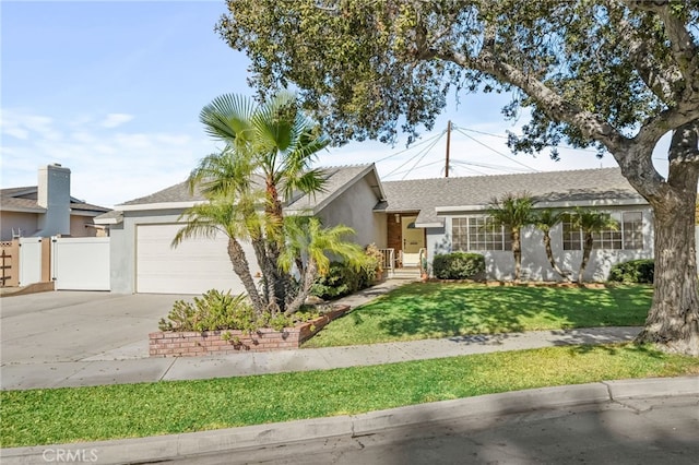 single story home featuring a front lawn and a garage