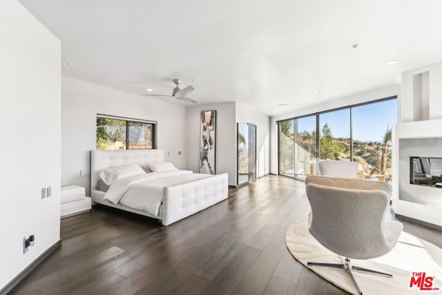 bedroom with ceiling fan, dark wood-type flooring, multiple windows, and expansive windows