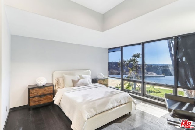 bedroom featuring hardwood / wood-style flooring and a water view