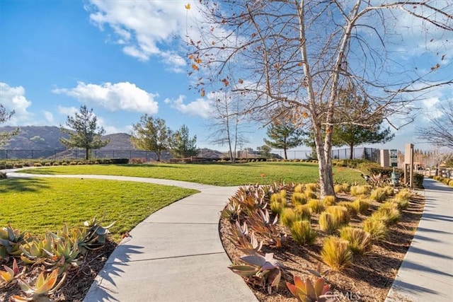 view of property's community featuring a mountain view and a lawn