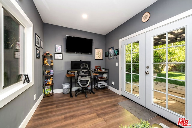 home office featuring french doors and dark hardwood / wood-style floors